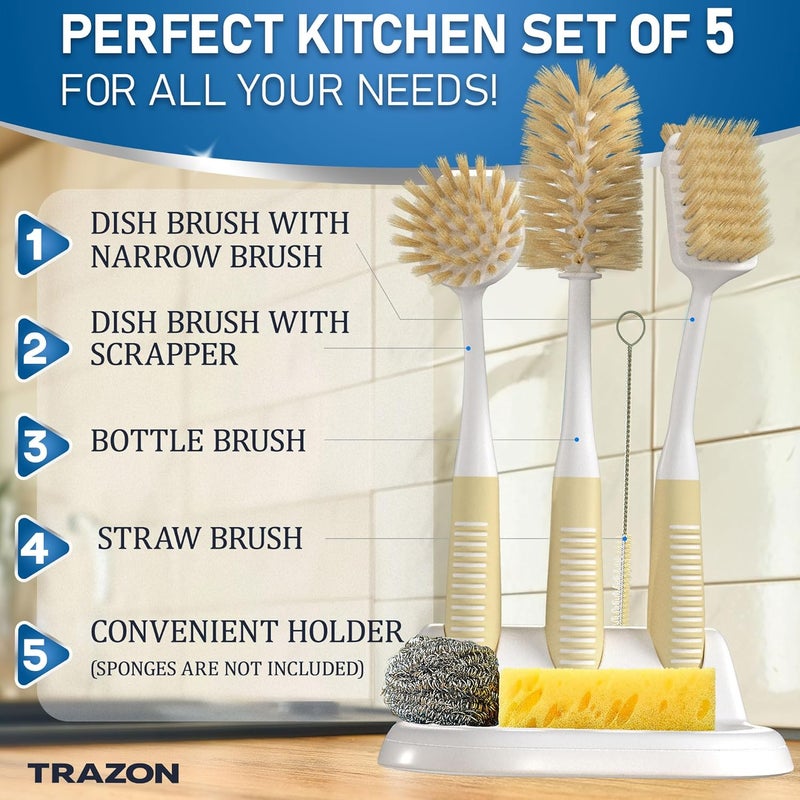 Trazon Dish Brush Set of 5 with Holder - Kitchen Scrub Brushes with Non-Slip Long Handle for Cleaning, Scrubber, Dishwashing, Dishes, Bottles, Straws, Cups, Pots & Sink, Baige - Image 2